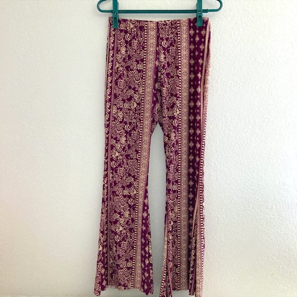 Purple ornamental flare bell bottom leggings, women's size medium